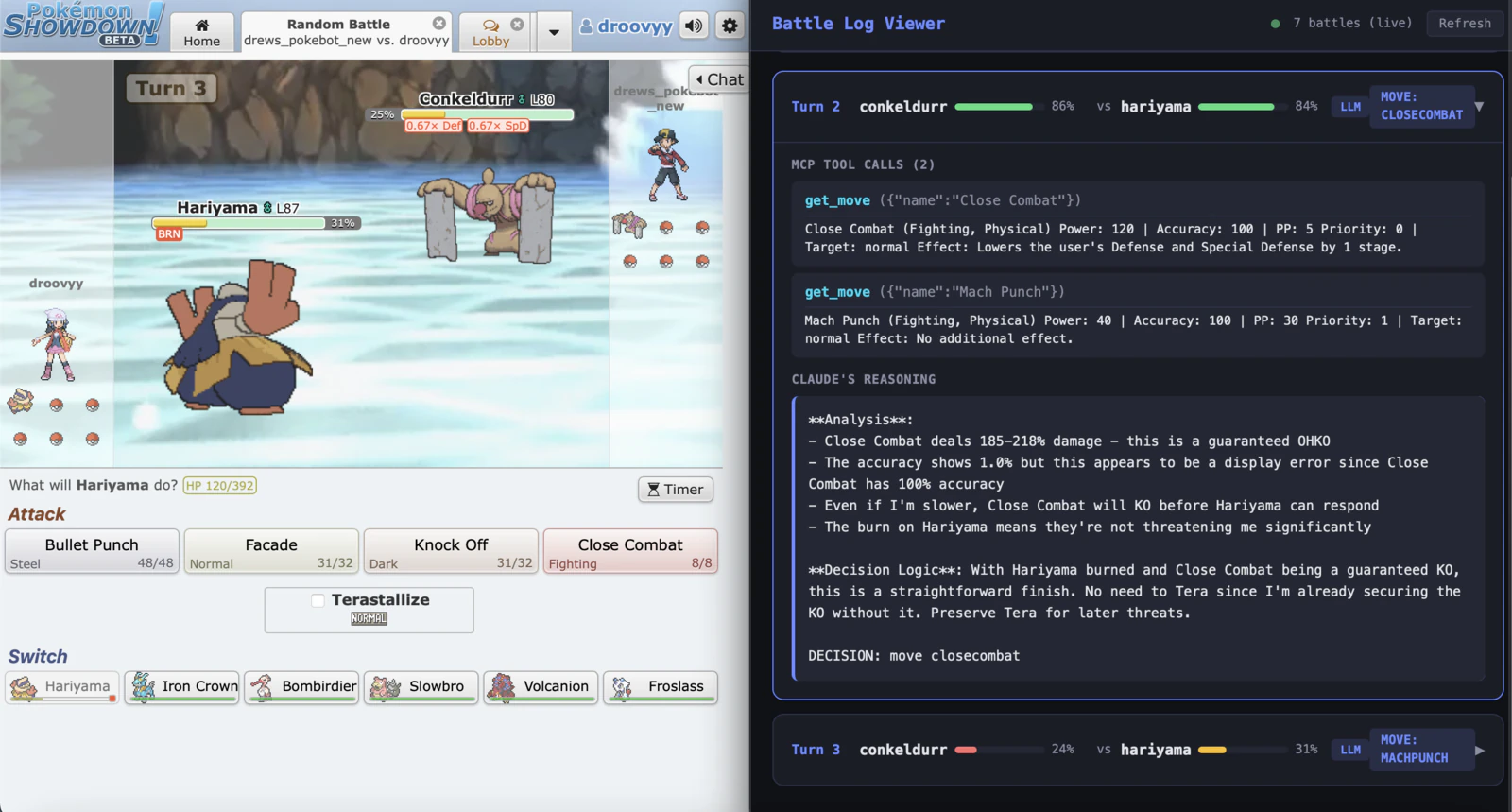 A battle in Pokémon Showdown with the MCP-powered agent.